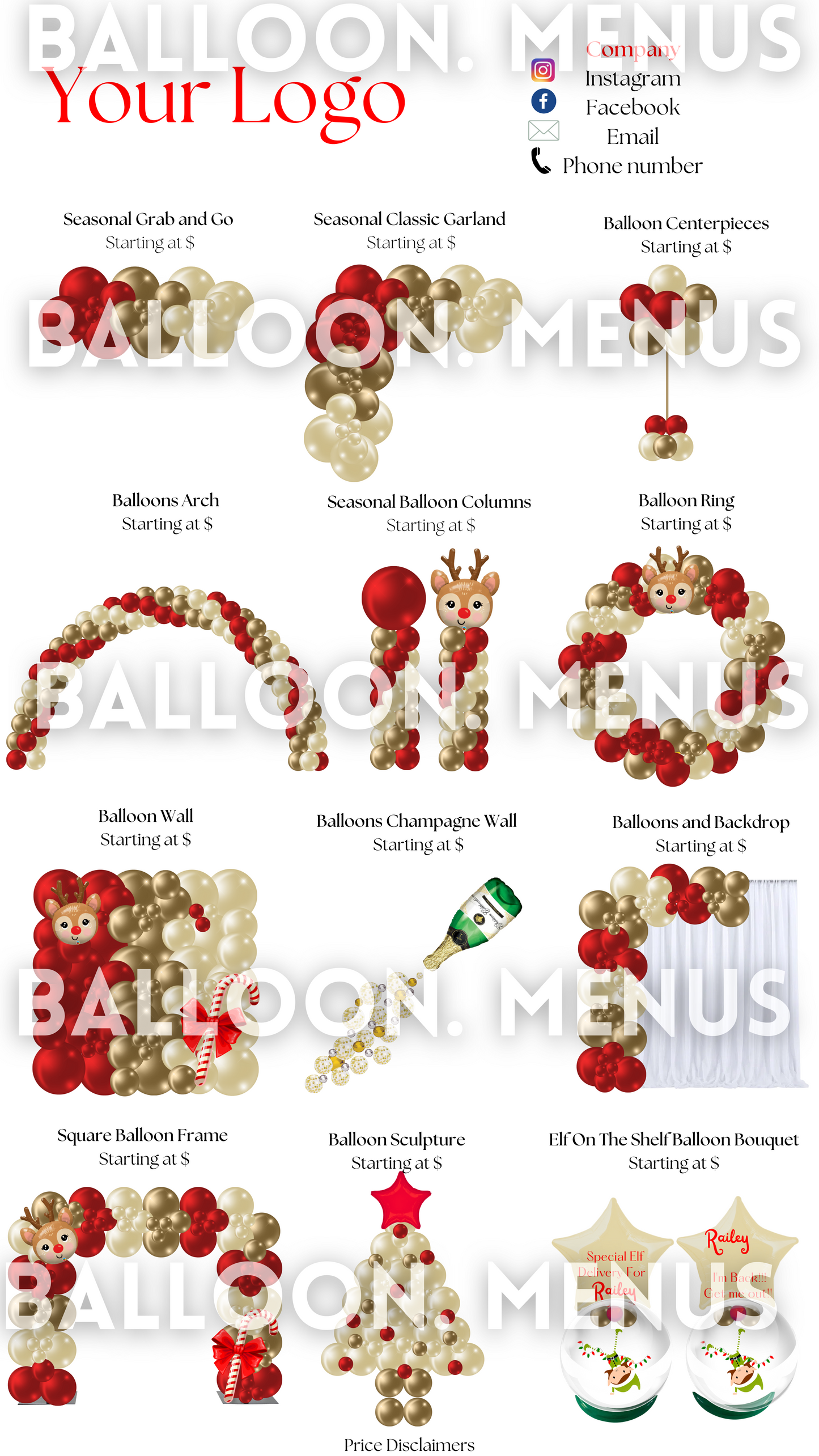 Premade Balloon Menu, Seasonal - Red, cream, gold