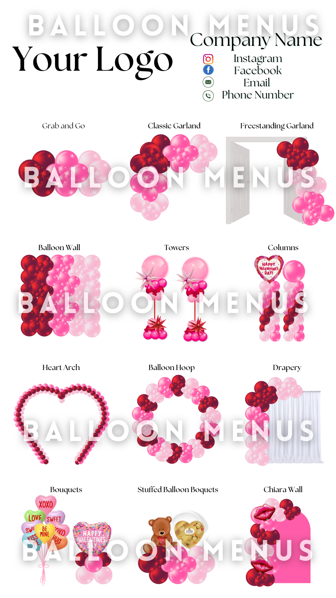 Valentine’s Day Seasonal Premade Editable Balloon Menu (Red and Pink)