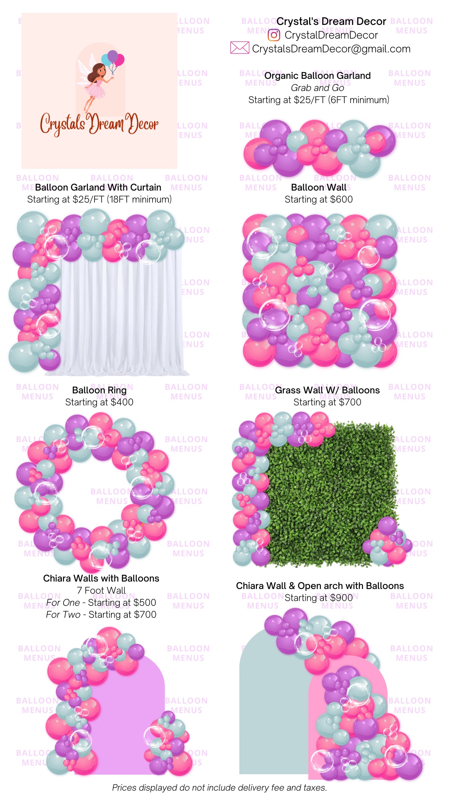 Crystal’s Dream Decor- Client Balloon Menu