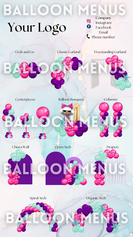 Premade Editable Small Balloon Menu- (Green, Purple,Pink)