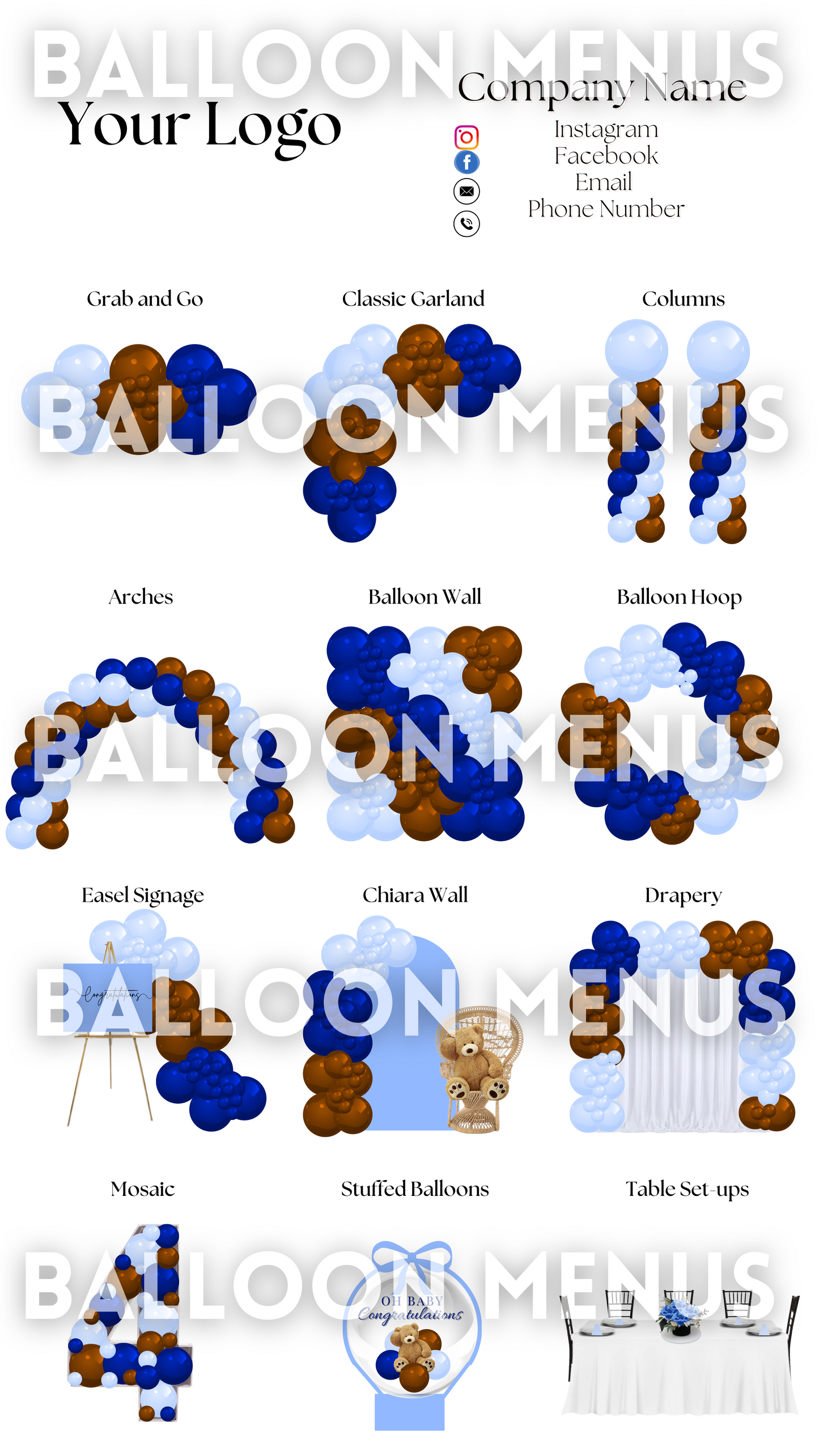 Premade Editable Large Balloon Menu- (Blue , Brown)