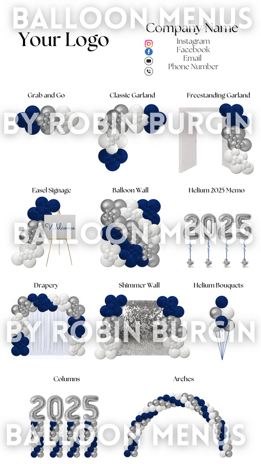 Premade Editable Large Balloon Menu- (Navy Blue, Silver , White)
