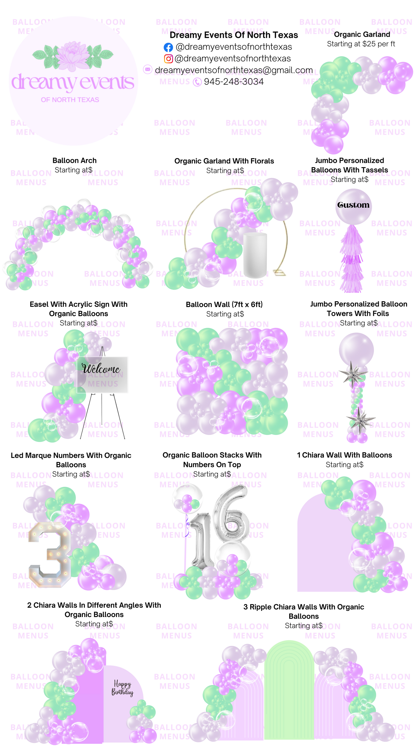 Dreamy Events Of North Texas  - Client Balloon Menu