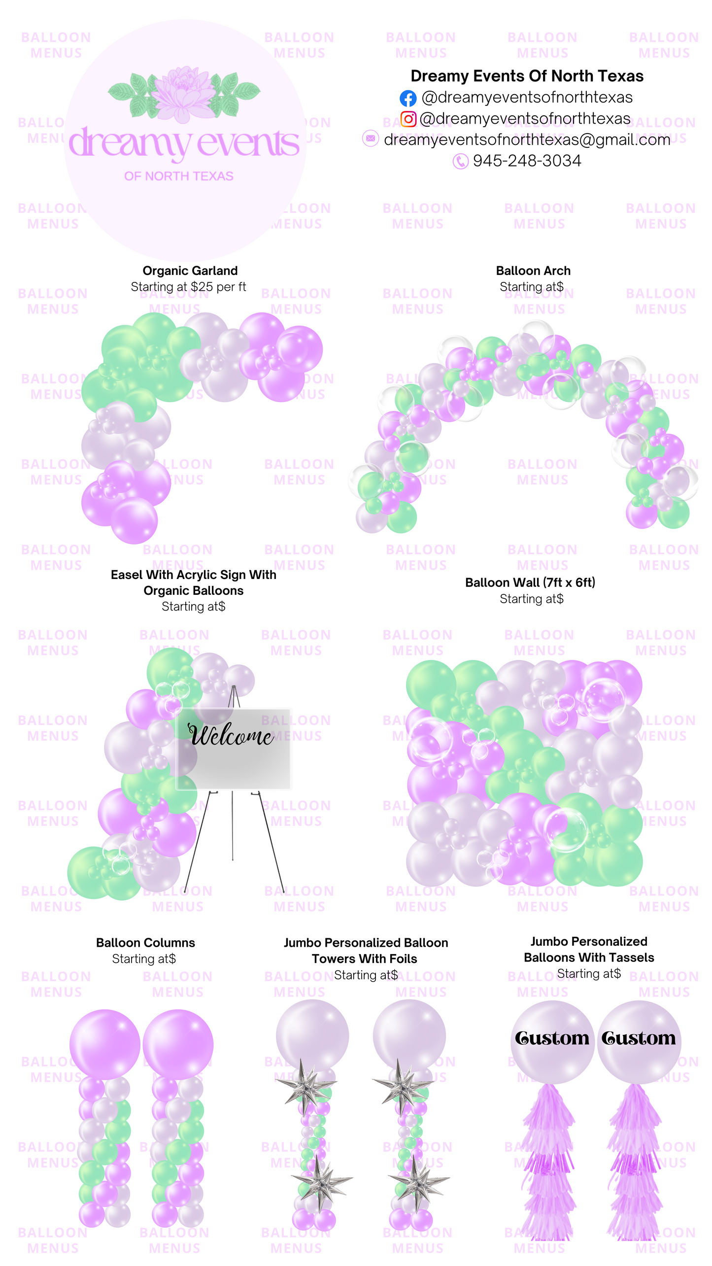 Dreamy Events Of North Texas  - Client Balloon Menu