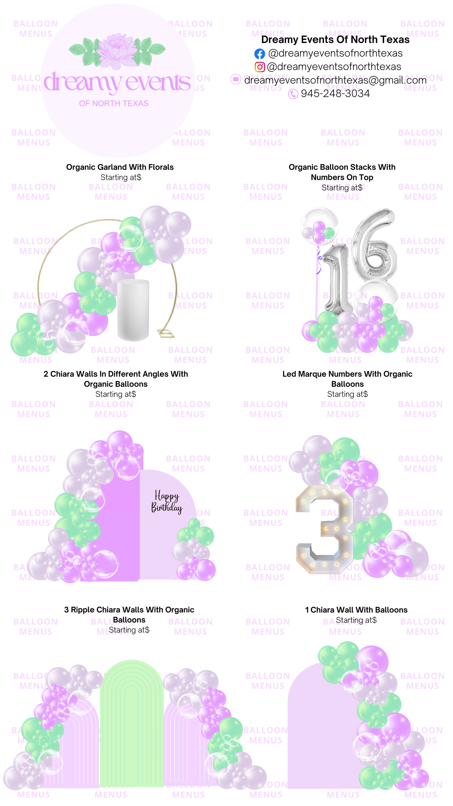 Dreamy Events Of North Texas  - Client Balloon Menu