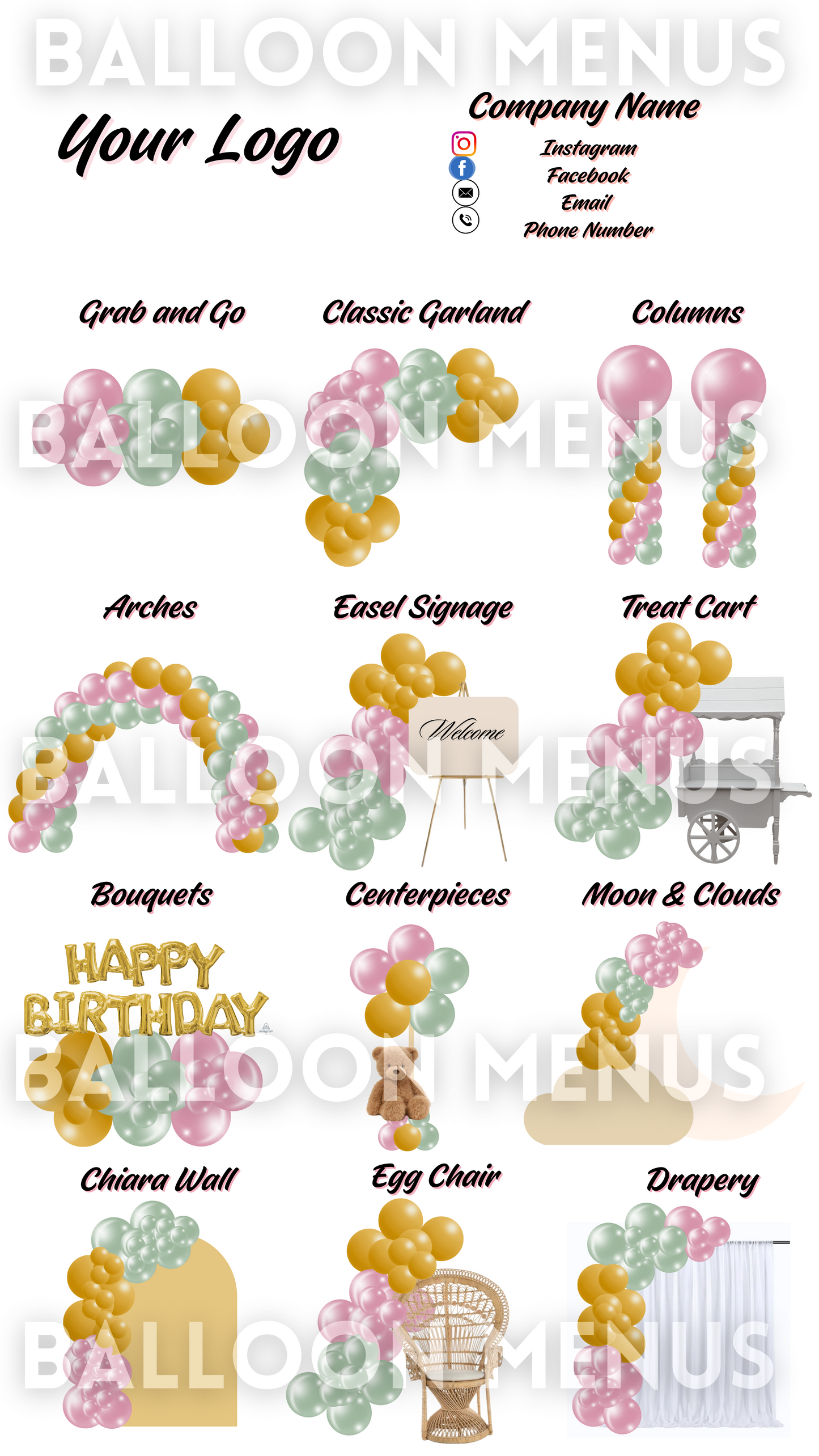 Premade Editable large Balloon Menu (Yellow, Green, Purple)