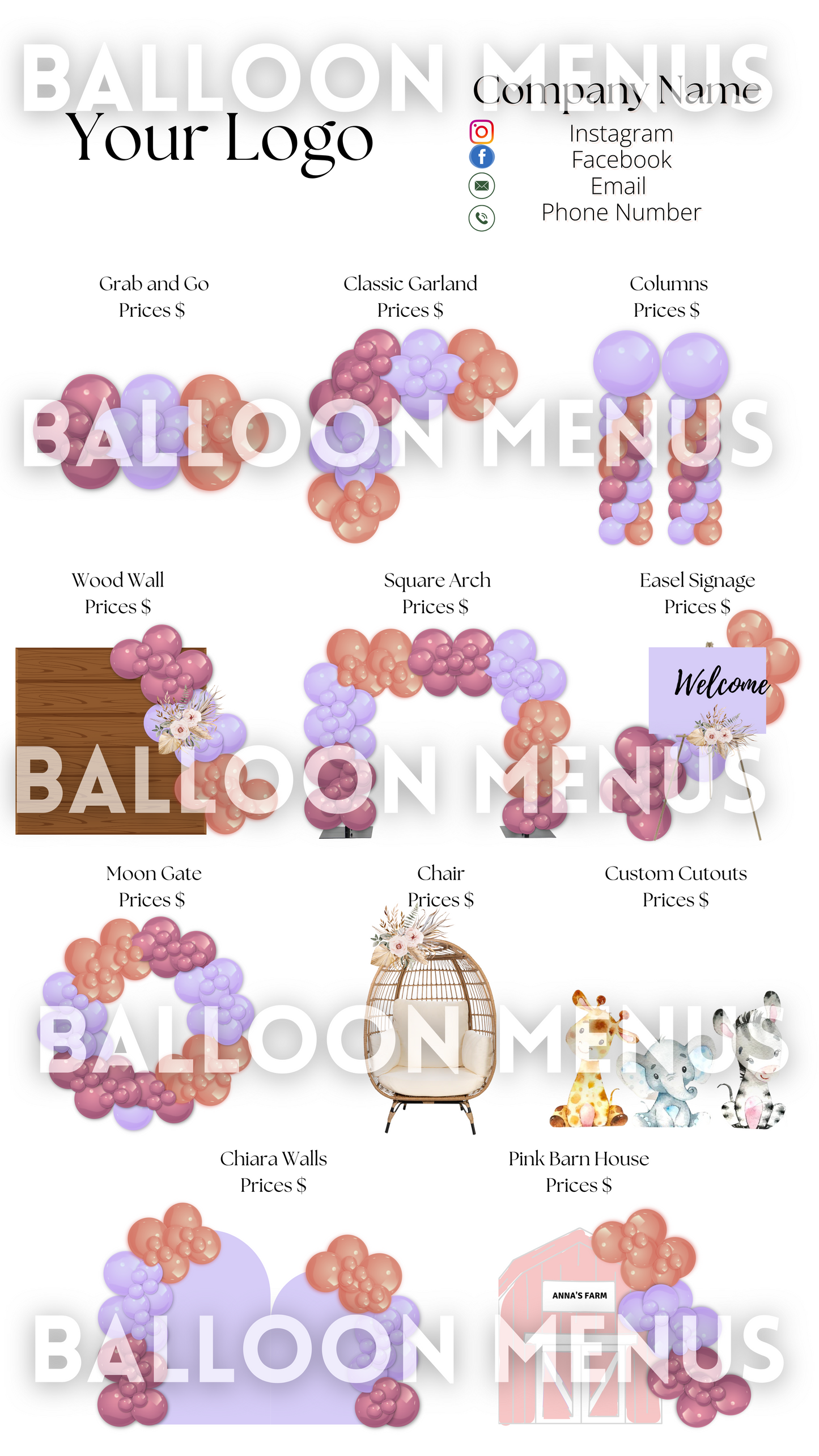 Premade Editable Large Balloon Menu (Purple boho)