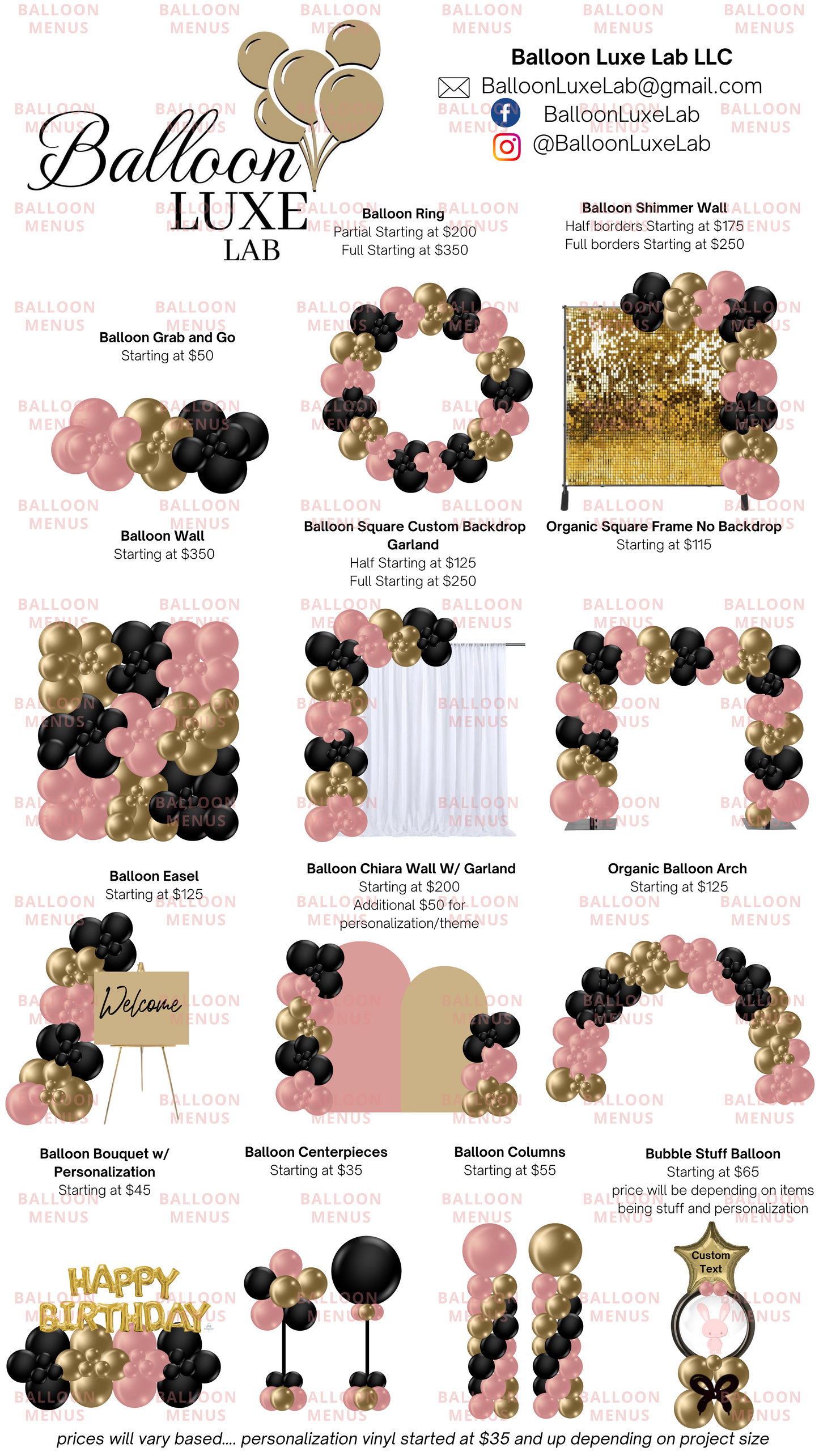 Balloon Luxe Lab  - Client Balloon Menu