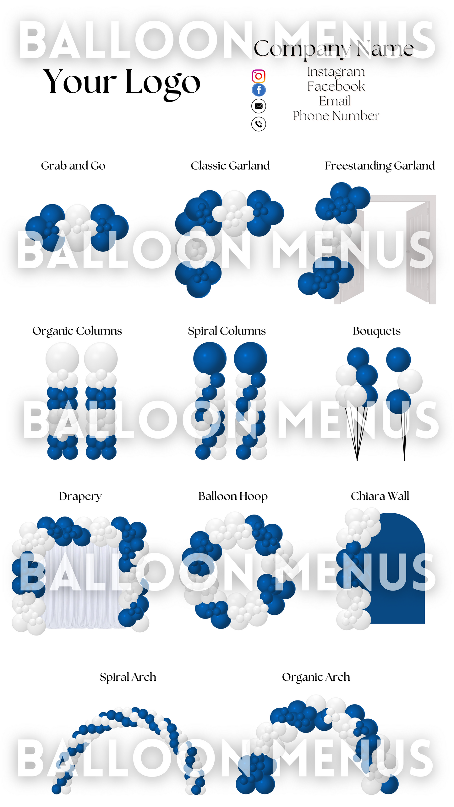Premade Editable Large Balloon Menu- (Navy Blue, White)