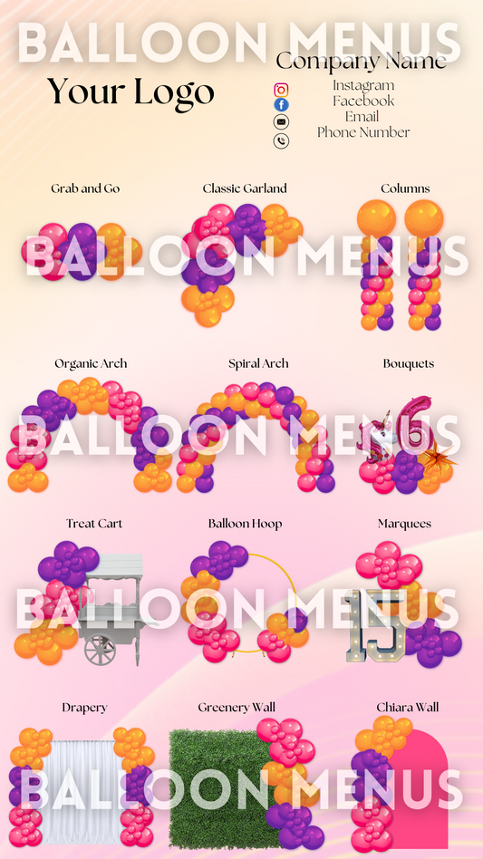 Premade Editable Balloon Menu- (Pink, Purple  and Orange )