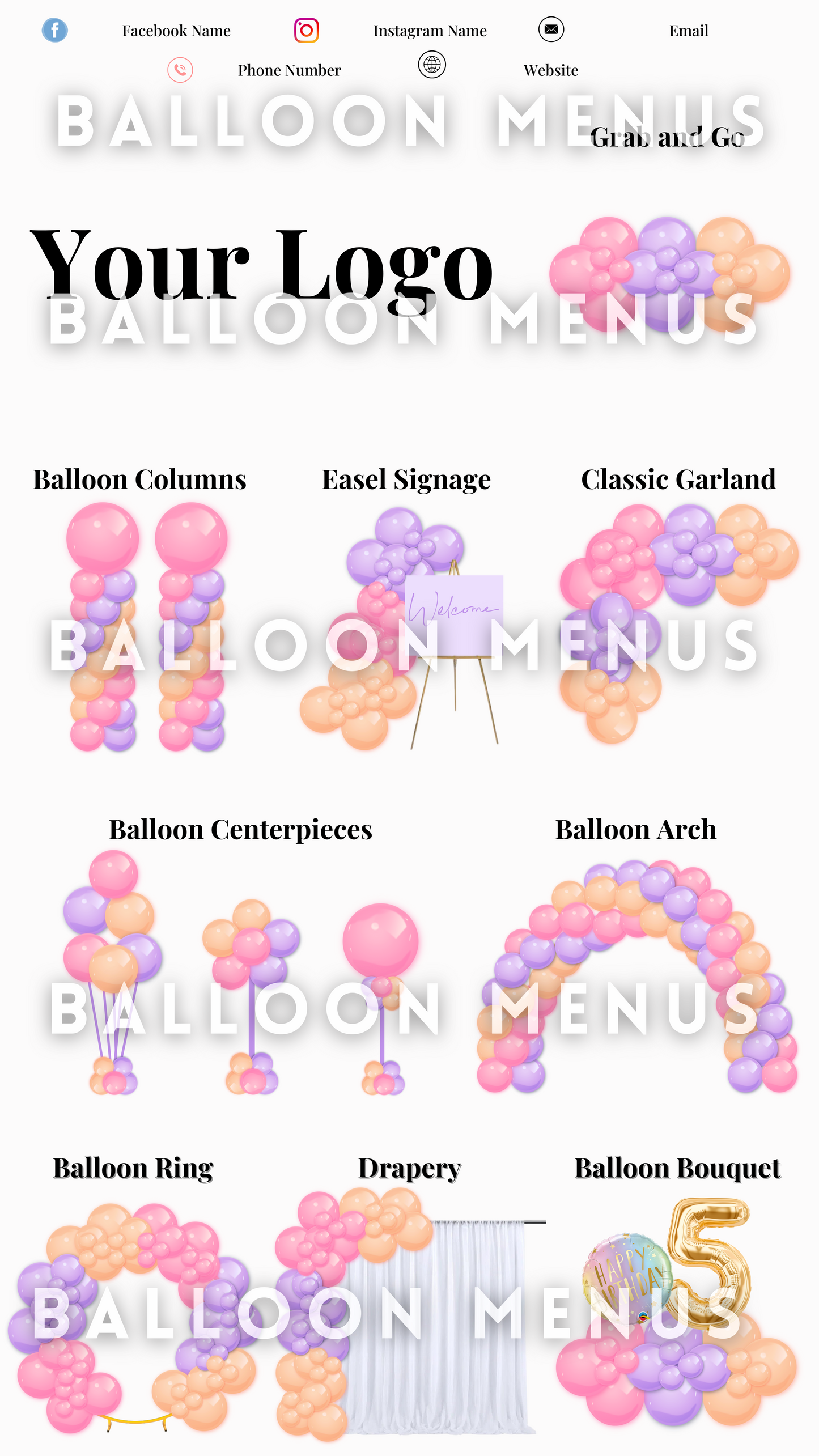 Premade Editable large Balloon Menu (Purple, Orange, Pink)