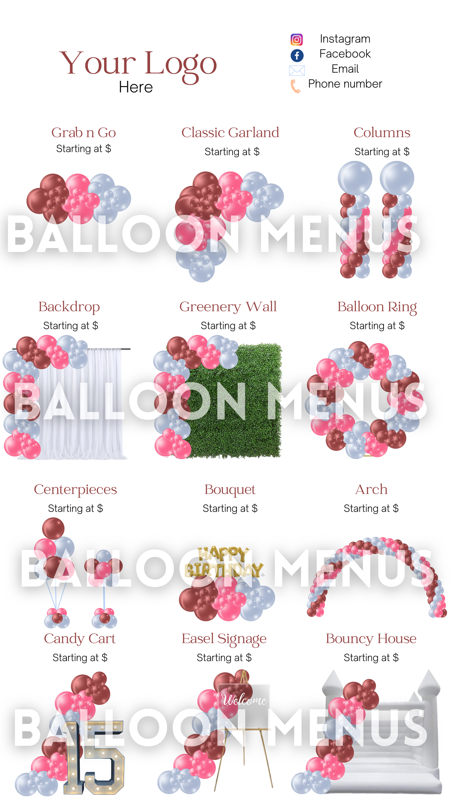 Premade Editable large Balloon Menu (Burgundy, Blue, Pink )