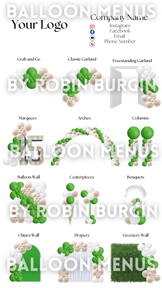 Premade Editable Large Balloon Menu- (Green , Beige, White)
