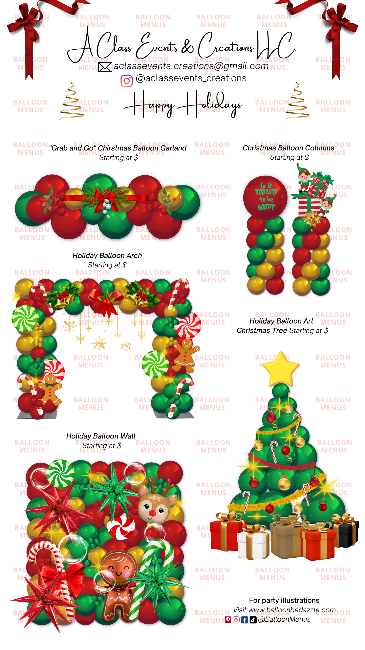 A Class Events & Creations LLC - Client Balloon Menu